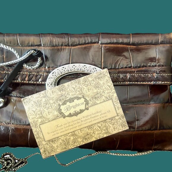 Vintage Brighton Croc-Embossed Leather Silver Metal Clutch Fold-Over & Crossbody - Picture 6 of 12